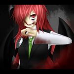  bad_hands bad_id bad_pixiv_id bat_wings bleeding blood blood_on_face green_neckwear hair_over_one_eye head_wings k285k koakuma letterboxed long_hair necktie red_eyes red_hair smile solo spoilers touhou vest wings 