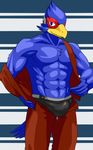  anthro avian beak biceps bird blue_eyes blue_fur boxers bulge chest_tuft clothing erection falco_lombardi feathers front fur headset kp-yoshi looking_at_viewer male muscles nintendo open_shirt pants pecs penis pose shirt smile solo standing star_fox tuft underwear undressing video_games 