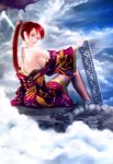  abacus back-seamed_legwear bare_back bare_shoulders blue_eyes breasts cloud copyright_request from_behind gloves japanese_clothes kimono lightning long_hair looking_back medium_breasts pantyhose red_hair s_zenith_lee seamed_legwear sideboob sitting sky solo statue suanpan 