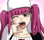  bleach blush dokugamine_riruka eyelashes finger_in_mouth fullbringer green_nails hanya_(hanya_yashiki) hat long_hair looking_at_viewer mouth_pull nail_polish one_eye_closed open_mouth pinky_out purple_eyes purple_hair sexually_suggestive solo tongue twintails upper_body uvula 