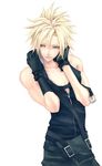  1boy belt blonde_hair blue_eyes buckle buckles cloud_strife final_fantasy final_fantasy_vii gloves male male_focus simple_background solo standing undressing unzipped white_background 