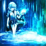  blue dress expressionless glowing mark_(heaven) mizuhashi_parsee monochrome pointy_ears skirt solo standing touhou wading water 
