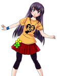  :o bad_id bad_pixiv_id blue_eyes blush capri_pants casual highres leaning leggings long_hair pants plaid plaid_skirt purple_hair sen_(sansui) shirt skirt solo t-shirt unmoving_pattern working!! wristband yamada_aoi 