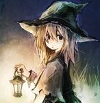 bad_id bad_pixiv_id blonde_hair brown_eyes character_request cuffs dark darkness fujiwara_akina handcuffs hat holding lantern looking_at_viewer looking_back open_mouth original short_hair short_sleeves sketch solo witch_hat 