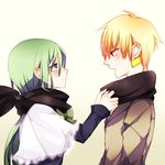  blonde_hair bow capelet coat earrings enkidu_(fate/strange_fake) fate/stay_night fate/strange_fake fate_(series) gilgamesh green_hair haine_(howling) jewelry long_hair multiple_boys otoko_no_ko red_eyes scarf short_hair 