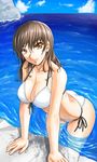  210ten arched_back arm_support bare_shoulders bikini breasts brown_eyes brown_hair cleavage front-tie_top halterneck large_breasts leaning_forward long_hair ocean original side-tie_bikini smile solo swimsuit wading water wet wet_hair white_bikini 