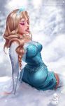  1girl arm_support artist_name ass bare_shoulders blonde_hair braid breasts bridal_gauntlets carrot christmas crown deviantart_username disney elsa_(frozen) eyes_closed frozen_(disney) highres ice lipstick long_hair makeup nude olga_narhova patreon_username princess sitting snow snowing snowman solo steam thighhighs twig winter 