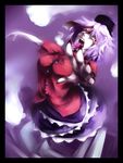  calpish fingernails foreshortening long_fingernails miyako_yoshika ofuda outstretched_arms purple_hair saliva short_hair solo spirits tongue touhou yellow_eyes zombie zombie_pose 