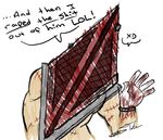  dialog dialogue gloves laugh male plain_background pyramid_head scar silent_hill silent_hill_2 solo text video_games white_background xd 