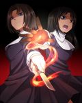  black_hair blue_eyes brown_hair fire gloves itou_(mogura) kara_no_kyoukai knife kokutou_azaka multicolored multicolored_eyes multiple_girls ryougi_shiki school_uniform 