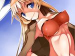  animal_ears armpits blonde_hair blue_eyes breasts bunny_ears charlotte_e_yeager collarbone covered_nipples impossible_clothes irodori_(irotoridori) jacket large_breasts long_hair navel perky_breasts smile solo strapless strike_witches tubetop underboob world_witches_series 