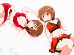  breasts brown_eyes brown_hair cleavage from_above large_breasts lying meiko midriff multiple_girls naughty_face navel sakine_meiko short_hair skirt smile tadahama time_paradox vocaloid 