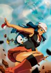  1girl bare_shoulders beanie blue_eyes blue_hair boots breasts footwear hat hikari_(pokemon) long_hair payot piplup poke_ball pokemon pokemon_(game) sidelocks skirt socks tovio_rogers zoom_layer 