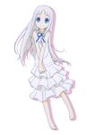  ano_hi_mita_hana_no_namae_wo_bokutachi_wa_mada_shiranai. barefoot blue_eyes dress feet full_body hands_clasped honma_meiko long_hair looking_at_viewer marker_(medium) millipen_(medium) own_hands_together shirohebidou silver_hair simple_background smile solo standing sundress traditional_media v_arms 