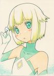  :o bare_shoulders blonde_hair colored_eyelashes element_hunters flat_chest green_eyes hair_twirling hands juno_(element_hunters) looking_at_viewer marker_(medium) millipen_(medium) pinky_out shirohebidou short_hair solo traditional_media upper_body 