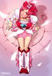  boots bow choker cure_blossom earrings eyelashes from_above hair_bow hair_ornament hanasaki_tsubomi heartcatch_precure! jewelry knee_boots lips magical_girl nose petals pink_bow pink_hair ponytail precure red_choker solo teruchan 