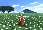  ascot bad_id bad_pixiv_id blue_sky cloud day field flower flower_field green_hair kazami_yuuka mountain open_mouth outstretched_arms plaid plaid_skirt plaid_vest red_eyes shirt skirt skirt_set sky solo taiga_mahoukan touhou tree vest 