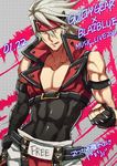  abs belt_buckle blazblue buckle clenched_hand cosplay elbow_gloves fingerless_gloves gloves guilty_gear headband heterochromia jou_(mono) male_focus muscle popped_collar ragna_the_bloodedge silver_hair single_elbow_glove single_glove sol_badguy sol_badguy_(cosplay) solo 
