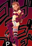  1girl bad_id bad_pixiv_id bat_wings brown_hair demon_girl elbow_gloves femdom gloves grin hairband hand_on_hip heart idolmaster idolmaster_(classic) long_hair looking_down minase_iori navel nightmare_blood onion_(lemlaml) producer_(idolmaster) red_eyes smile striped striped_legwear thighhighs wings 