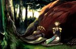  armor bad_id bad_pixiv_id brown_hair closed_eyes crown dress forest ganon monster nature nintendo pointy_ears princess_zelda seiza sitting the_legend_of_zelda tiara tori-kei tree 