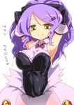  adjusting_hair armpits arms_up breasts chandelure costume covered_nipples dot_nose dress elbow_gloves gen_5_pokemon gloves hair_ornament hair_ribbon hairclip homura_subaru large_breasts long_hair personification pokemon purple_hair ribbon see-through simple_background skirt smile solo standing white_background yellow_eyes 