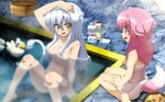  2girls animal_ears bath blush cat_ears cat_tail dog_days dog_ears dog_tail highres leonmitchelli_galette_des_rois long_hair millhiore_f_biscotti multiple_girls nude pink_hair purple_eyes tail white_hair yellow_eyes 