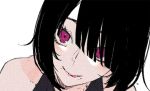  1girl :p bare_shoulders black_hair hair_over_one_eye head_tilt kayahara looking_at_viewer mole mole_under_mouth original purple_eyes simple_background sleeveless smile solo tongue tongue_out white_background 