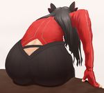  alternate_costume ass ass_cutout ass_focus back black_hair dimples_of_venus facing_away fate/extra fate_(series) fingerless_gloves from_behind gloves hair_ribbon jadf leaning_forward long_hair ribbon sitting skirt solo toosaka_rin 