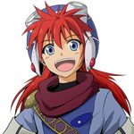  :d blue_eyes goggles goggles_on_head grandia grandia_i happy hat justin_(grandia) kayama_kenji long_hair male_focus open_mouth red_hair smile solo 