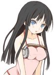 akiyama_mio black_hair blue_eyes blush camisole collarbone halter_top halterneck headphones headphones_on_breasts highres k-on! long_hair naz open_mouth shirt simple_background solo taut_clothes taut_shirt 