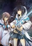  black_hair braid brown_hair cloak copyright_request fujiwara_akina glasses highres multiple_girls source_request sword weapon 
