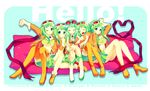  boots child-box clone goggles goggles_on_head green_eyes green_hair gumi megpoid_(vocaloid3) multiple_girls multiple_persona one_eye_closed shoes short_hair sitting skirt smile thigh_boots thighhighs vocaloid 