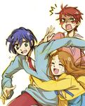  2boys blue_hair blush_stickers brother_and_sister brown_hair closed_eyes green_eyes hug hug_from_behind mawaru_penguindrum multiple_boys necktie red_hair siblings sparkle sweater takakura_himari takakura_kanba takakura_shouma yu_no123 