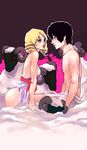  1girl black_hair blonde_hair blue_eyes catherine catherine_(game) couple drill_hair horns lingerie sheep taho topless twin_drills twintails underwear vincent_brooks 