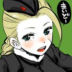  ahoge alternate_costume blonde_hair blush braid cammy_white face fur_trim garrison_cap green_eyes hat nonjake single_braid solo street_fighter street_fighter_iv_(series) 