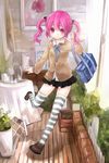  amy_(grand_chase) bag grand_chase highres leg_lift long_hair naive_(day) pink_eyes pink_hair ribbon school_bag school_uniform solo striped striped_legwear thighhighs twintails 