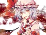  ascot bat_wings blood blood_on_face blue_hair blush bow dress fang hand_to_own_mouth hat hat_bow hat_ribbon looking_at_viewer miya_(tsumazukanai) open_mouth purple_hair red_eyes remilia_scarlet ribbon short_hair smile solo touhou upper_body wings wrist_cuffs 