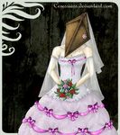  bouquet breasts bride ceressiass cleavage creepy dress female flower plain_background pyramid_head silent_hill silent_hill_2 video_games wedding_dress 