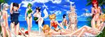  6+girls animal_ears antennae ass beach bikini black_hair blindfold blonde_hair blue_eyes breasts chair cleavage closed_eyes cloud copyright_request crossed_legs day double_bun drink elf food front-tie_top fruit glasses green_eyes green_hair highres huge_breasts large_breasts legs long_hair long_legs lounge_chair lying multiple_girls navel on_stomach one-piece_swimsuit orange_hair outdoors palm_tree pointy_ears ponytail red_hair s_zenith_lee sand_castle sand_sculpture school_swimsuit short_hair side-tie_bikini silver_hair sitting sky slingshot_swimsuit string_bikini swimsuit sword tail tan tankini tanline thigh_gap thighs thong_bikini topless tree water watermelon weapon yellow_eyes 