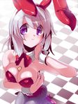 animal_ears between_breasts bow bowtie breasts bunny_ears bunny_tail bunnysuit checkered checkered_floor detached_collar lighter miuku_(marine_sapphire) original perspective purple_eyes short_hair silver_hair solo tail wrist_cuffs 