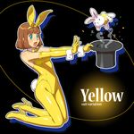  animal_ears blue_eyes bow bowtie brown_hair bunny bunny_ears bunny_tail bunnysuit detached_collar elbow_gloves fukusuke_hachi-gou gloves hat highres kneeling original pantyhose solo tail top_hat wrist_cuffs yellow yellow_legwear 