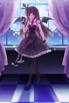  bad_id bad_pixiv_id bangs bat_wings brown_hair curtains dress frills glass gloves hairband long_hair markings mary_janes moon necktie pantyhose purple_hair ratise red_eyes shoes sion_flina smile solo sword_girls tattoo window wings 