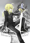  ahoge artoria_pendragon_(all) bad_id bad_pixiv_id black_gloves blonde_hair excalibur fate/zero fate_(series) formal gloves green_eyes highres landmark long_hair pant_suit pomelo_(ice_blue585) ponytail reverse_trap saber sitting solo suit sword tower_bridge_(london) weapon 