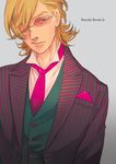  barnaby_brooks_jr blonde_hair character_name formal glasses green_eyes hair_over_one_eye male_focus necktie sacoeco simple_background solo suit tiger_&amp;_bunny vest waistcoat 