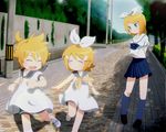  1girl blonde_hair blue_eyes brother_and_sister hair_ornament hair_ribbon hairclip kagamine_len kagamine_rin open_mouth ribbon school_uniform serafuku short_hair siblings skirt smile tadahama time_paradox twins vocaloid younger 