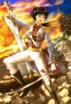  black_hair blood boots breasts copyright_request epaulettes fire gloves katana large_breasts military military_uniform purple_eyes rubble ruins s_zenith_lee solo sword uniform war weapon 