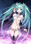  alternate_costume aqua_eyes aqua_hair bad_id bad_pixiv_id bare_shoulders black_legwear blush breasts center_opening cleavage collarbone elbow_gloves gem gloves hair_ornament hatsune_miku hatsune_miku_(append) long_hair medium_breasts nardack navel open_mouth sky smile solo star_(sky) starry_sky thigh_gap thighhighs twintails very_long_hair vocaloid vocaloid_append wading water 