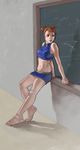  bad_deviantart_id bad_id barefoot brown_hair chalkboard chun-li crop_top double_bun leaning_back lips midriff miniskirt navel skirt solo street_fighter taho 