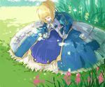  ahoge armor armored_dress artoria_pendragon_(all) bad_id bad_pixiv_id blonde_hair closed_eyes dress fate/stay_night fate_(series) faulds field flower gauntlets hair_ribbon ribbon ruondea saber solo 