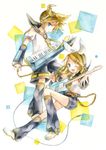  1girl bad_id bad_pixiv_id blonde_hair blue_eyes brother_and_sister electric_guitar guitar hair_ornament hairclip headset highres instrument kagamine_len kagamine_rin kaiso2011 keyboard_(instrument) keytar one_eye_closed short_hair siblings sling twins vocaloid 